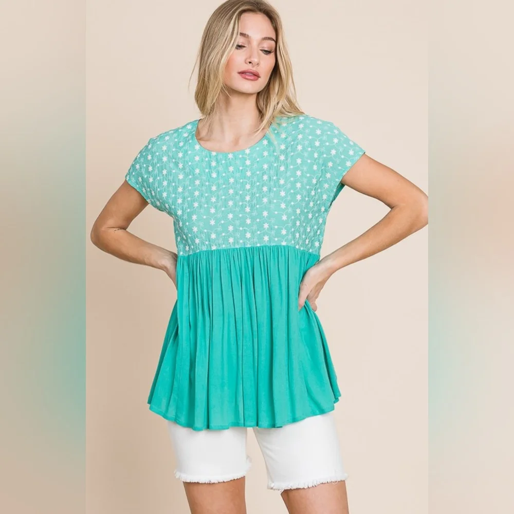 Lime 'N' Chili Full Size Embroidered Short Sleeve Pleated Babydoll Top Plus Size - Picture 10 of 13